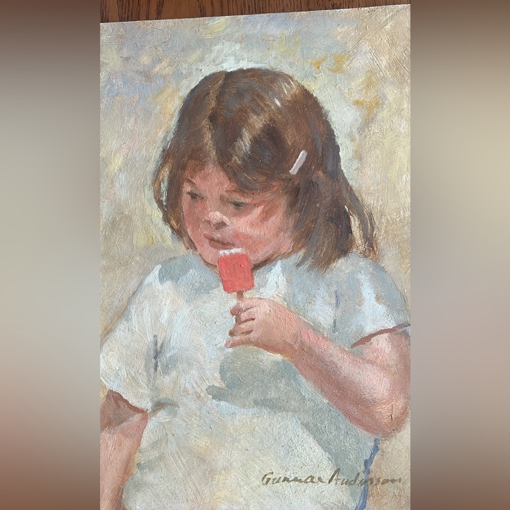 Oil on board unframed, painting of a young girl eating ice cream